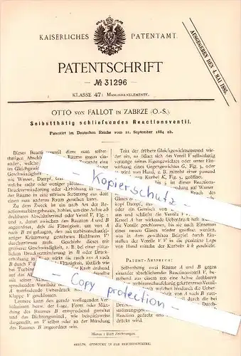 Original Patent  -  Otto von Fallot in Zabrze , O.-S. , 1884 , Selbstthätig schließendes Reactionventil !!!