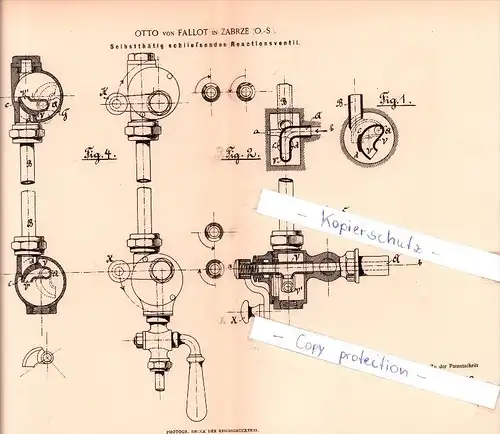 Original Patent  -  Otto von Fallot in Zabrze , O.-S. , 1884 , Selbstthätig schließendes Reactionventil !!!