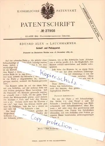 Original Patent  - Eduard Alex in Lauchhammer , 1883 , Schleif- und Putzapparat !!!