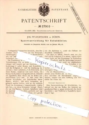 Original Patent  - Jos. Pflugfelder in Düren , 1884 , Sperrvorrichtung für Schubkästen !!!