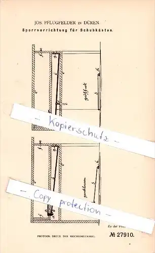 Original Patent  - Jos. Pflugfelder in Düren , 1884 , Sperrvorrichtung für Schubkästen !!!