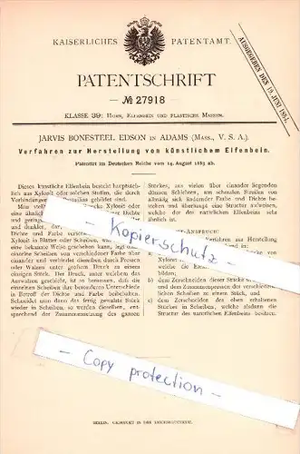 Original Patent  - J. Bonesteel Edson in Adams , Maas V. S. A. , 1883 , künstliches Elfenbein !!!
