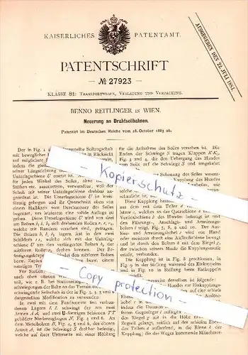 Original Patent  - Benno Reitlinger in Wien , 1883 ,  Drahtseilbahnen , Seilbahn !!!
