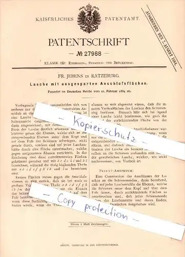Original Patent  - Fr. Jebens in Ratzeburg , 1884 , Lasche mit Anschlußflächen !!!