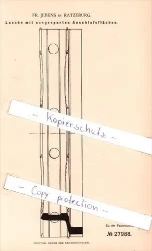 Original Patent  - Fr. Jebens in Ratzeburg , 1884 , Lasche mit Anschlußflächen !!!