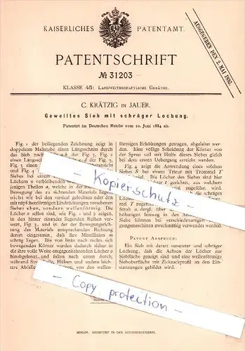 Original Patent  - C. Krätzig in Jauer , 1884 ,  Gewelltes Sieb mit schräger Lochung !!!