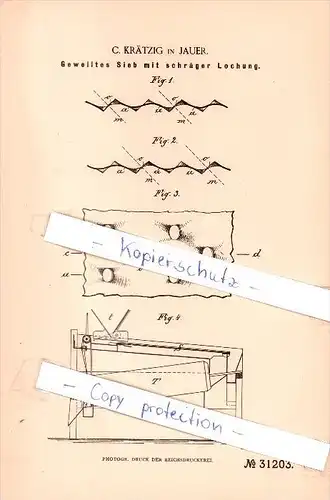 Original Patent  - C. Krätzig in Jauer , 1884 ,  Gewelltes Sieb mit schräger Lochung !!!