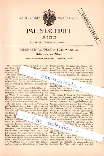 Original Patent  -  Bernhard Göppert in Furtwangen , 1884 , Selbstspielende Zither !!!