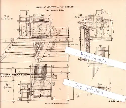 Original Patent  -  Bernhard Göppert in Furtwangen , 1884 , Selbstspielende Zither !!!