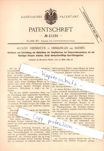 Original Patent  - A. Osenbrück in Hemelingen bei Bremen , 1884 , Abdichtung von  Pumpen !!!