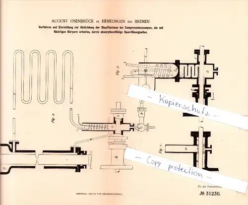 Original Patent  - A. Osenbrück in Hemelingen bei Bremen , 1884 , Abdichtung von  Pumpen !!!