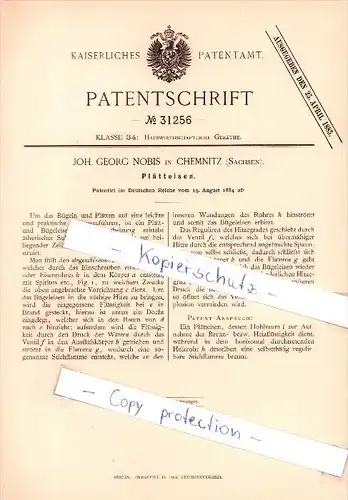 Original Patent  - Joh. Georg Nobis in Chemnitz , Sachsen , 1884 , Plätteisen , Bügeleisen !!!