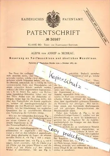 Original Patent - Aleph von Anrep in Moskau , Russland , 1885 , Torfmaschine , Torf !!!