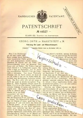 Original Patent - Georg Orth in Marktsteft a.M. b. Kitzingen , 1887 , Fahrzeug für Transport , Schiff , Marktbreit !!!