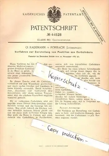 Original Patent - O. Rademann à Forbach / Moselle , 1887 , Pastilles de phénol !!!