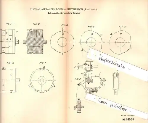 Original Patent - T.A. Boyd in Shettleston , Glasgow , Scotland , 1888 , Twisting machine for twisting patterned !!!