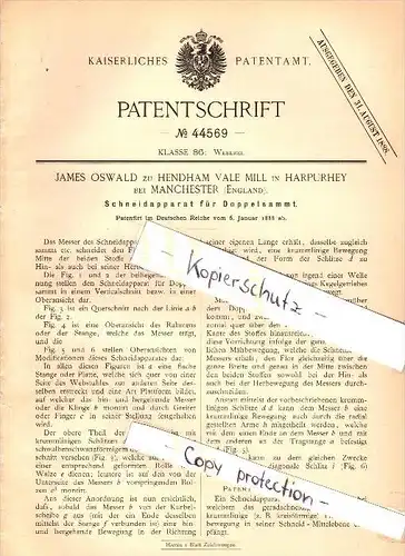 Original Patent - James Oswald zu Hendham Vale Mill in Harpurhey b. Manchester , 1888 , Cutting machine for velvet !!!