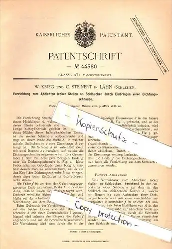 Original Patent - W. Krieg in Lähn / Wlen i. Schlesien , 1888 , Abdichtung von Schläuchen , Maschinenbau !!!