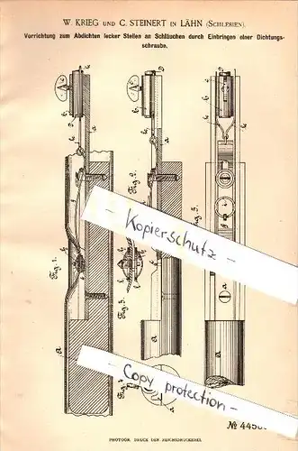 Original Patent - W. Krieg in Lähn / Wlen i. Schlesien , 1888 , Abdichtung von Schläuchen , Maschinenbau !!!