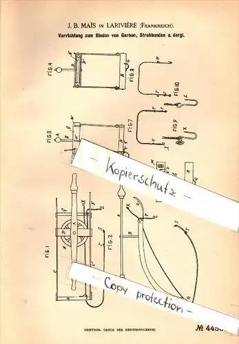 Original Patent - J.B. Mais à Lariviere , 1887 , Appareil pour lier la paille , Gironde , agriculture !!!