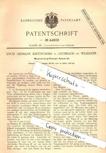 Original Patent - Louis Kretzschmer in Grumbach b. Wilsdruff , 1888 , Vergiftungsapparat für Mäuse , Vergiftung , Gift !