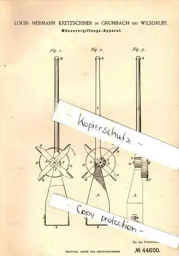 Original Patent - Louis Kretzschmer in Grumbach b. Wilsdruff , 1888 , Vergiftungsapparat für Mäuse , Vergiftung , Gift !