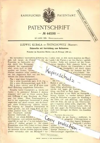 Original Patent - Ludwig Kubala in Fritschowitz b. Braunsberg /  Brusperk , 1888 , Stubenofen , Ofen , Heizung !!!