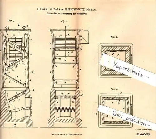 Original Patent - Ludwig Kubala in Fritschowitz b. Braunsberg /  Brusperk , 1888 , Stubenofen , Ofen , Heizung !!!