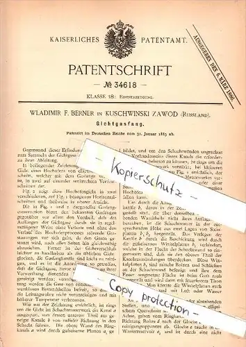 Original Patent - Wladimir F. Berner in Kuschwinski Zawod , Russland , 1885 , Gichtgasfang , Eisenerzeugung !!!