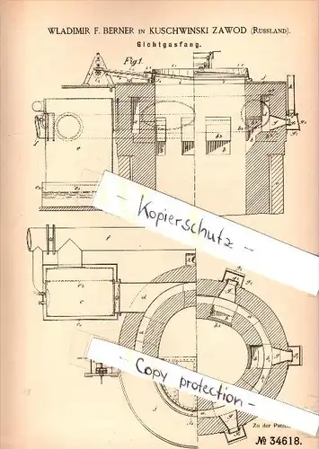 Original Patent - Wladimir F. Berner in Kuschwinski Zawod , Russland , 1885 , Gichtgasfang , Eisenerzeugung !!!