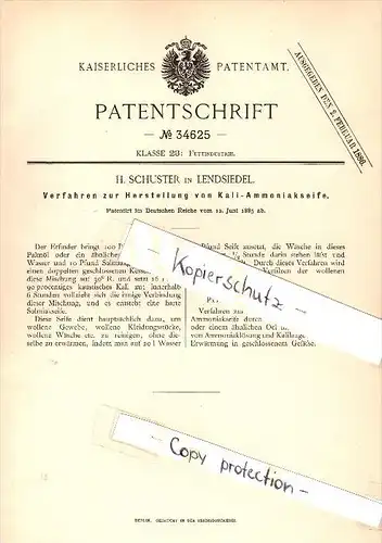 Original Patent - H. Schuster in Lendsiedel b. Kirchberg an der Jagst , 1885 , Herstellung von Knall-Ammoniakseife !!!