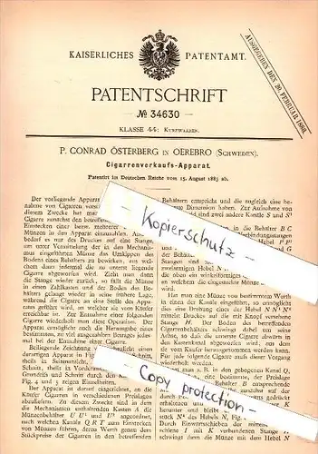 Original Patent - P. Conrad Österberg in Örebro  , Schweden , 1885 , Cigarren - Automat , Zigarren !!!