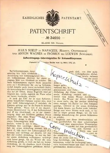 Original Patent - J. Sukup in Napagedl / Napajedl und A. Wagner in Fröbeln b. Löwen / Lewin Brzeski , 1885 , Saftpresse