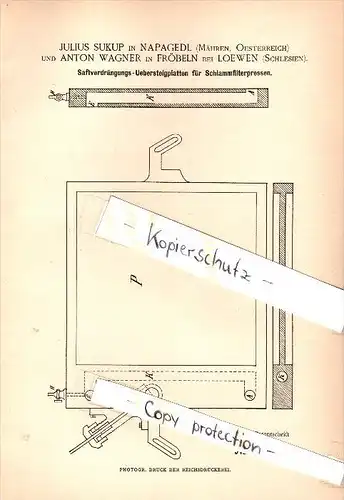 Original Patent - J. Sukup in Napagedl / Napajedl und A. Wagner in Fröbeln b. Löwen / Lewin Brzeski , 1885 , Saftpresse