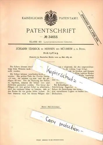 Original Patent - Johann Terbeck in Heißen b. Mülheim , 1885 , Kehrpflug , Pflug , Landwirtschaft !!!