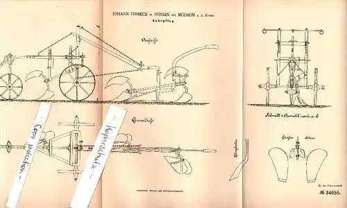 Original Patent - Johann Terbeck in Heißen b. Mülheim , 1885 , Kehrpflug , Pflug , Landwirtschaft !!!