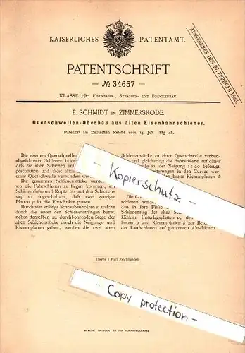 Original Patent - E. Schmidt in Zimmersrode b. Neuental , 1885 , Querschwellen - Oberbau , Schwellen , Eisenbahn !!!