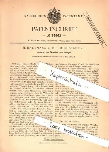 Original Patent - H. Hackmann in Mellrichstadt i.B. , 1885 , Apparat zum Waschen von Keimgut , Brauerei , Bier !!!