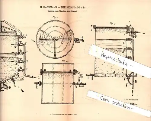 Original Patent - H. Hackmann in Mellrichstadt i.B. , 1885 , Apparat zum Waschen von Keimgut , Brauerei , Bier !!!