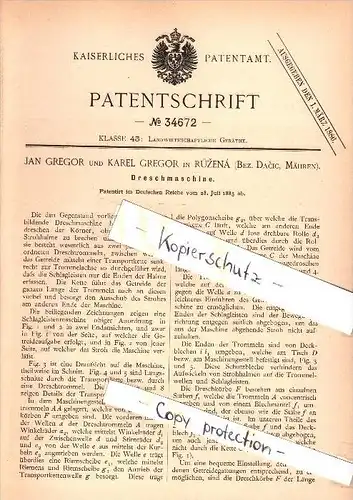 Original Patent - Jan Gregor in Ruzená / Dacic , 1885 , Dreschmaschine , Agrar , Jemnice !!!