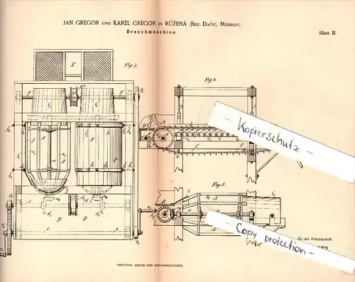 Original Patent - Jan Gregor in Ruzená / Dacic , 1885 , Dreschmaschine , Agrar , Jemnice !!!