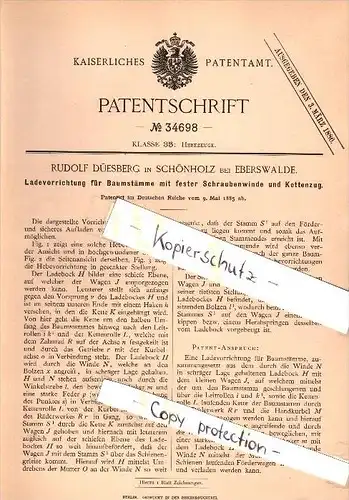Original Patent - Rudolf Düesberg in Schönholz b. Eberswalde , 1885 , Ladeapparat für Baumstämme , Forst , Melchow !!!