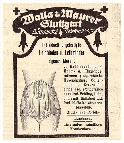 original Werbung - 1929 - Walla & Maurer in Stuttgart , Leibmieder , Korsett , corset !!!