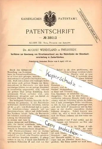 Original Patent - Dr. August Wendtland in Frellstedt b. Süpplingen ,1886 , Strontiumcarbonat aus Zuckerfabrik , Nord-Elm