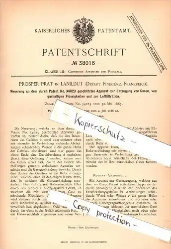 Original Patent - Prosper Prat à Lanildut , Finistere , 1886 , Appareil pour produire du gaz , Ploudalmézeau !!!