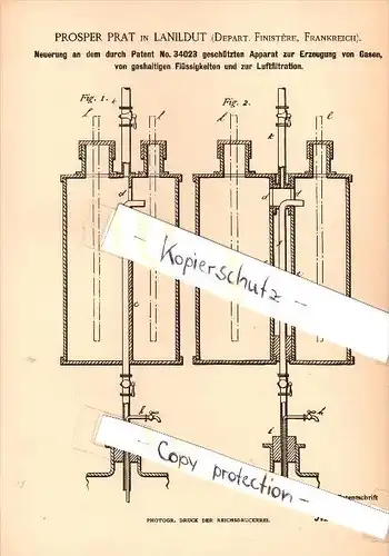 Original Patent - Prosper Prat à Lanildut , Finistere , 1886 , Appareil pour produire du gaz , Ploudalmézeau !!!