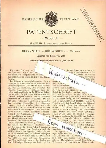Original Patent - Hugo Welle in Dühringshof / Bogdaniec a. Ostbahn , 1886 , Apparat zum Heben von Erde , Landwirtschaft