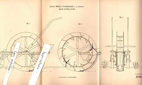 Original Patent - Hugo Welle in Dühringshof / Bogdaniec a. Ostbahn , 1886 , Apparat zum Heben von Erde , Landwirtschaft