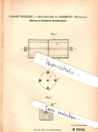 Original Patent - Johann Kieserling in Berghausen b. Fredeburg / Schmallenberg , 1886 , Dreschmaschine , Landwirtschaft