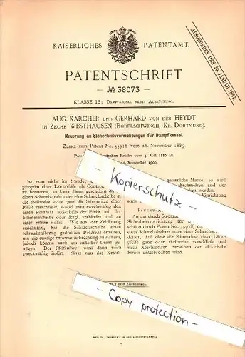 Original Patent -A. Karcher und Gerhard von der Heydt in Zeche Westhausen ,1886, Dampfkessel , Bodelschwingh ,  Dortmund